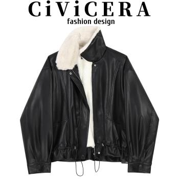 CIVICERA加絨加厚毛毛裡PU皮衣女短款外套冬季2024新款小個子黑色