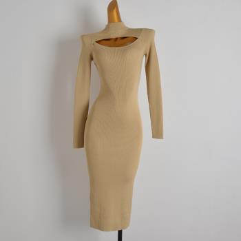 外單高端設計感鏤空性感長款連衣裙長袖修身顯瘦針織長款裙子打底