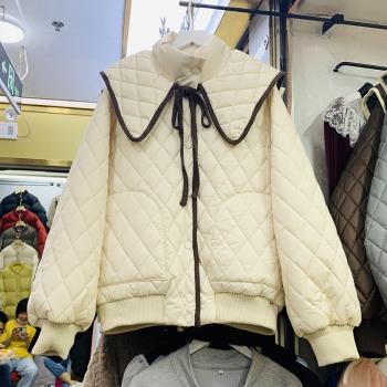 2023韓國冬季復古立領菱格棉服外套女寬松加厚保暖面包服棉衣上衣