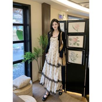女裝法式裙子黑色蕾絲碎花吊帶