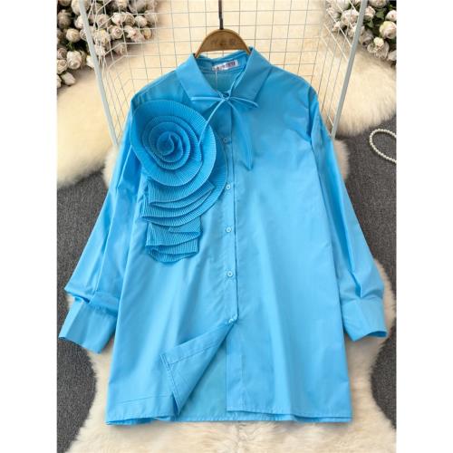 高端小眾設計感壓褶大花朵襯衫女春夏寬松長袖別致驚艷polo領襯衣