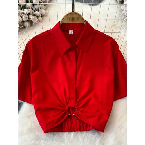 韓國chic夏季法式小眾設計感上衣翻領高腰扭結顯瘦露臍短款襯衫女