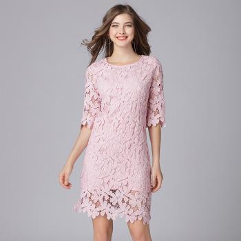240斤加肥加大碼女裝圓領蕾絲連衣裙歐美春夏季A字中裙禮服女7XL