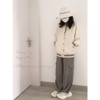 *復古橫條紋 棒球服 米白色燈芯絨 插肩袖 寬松外套 H