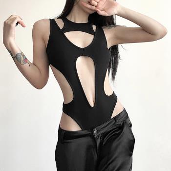 bodysuit歐美2023夏季女新款純色性感時尚鏤空拼接修身顯瘦連體衣