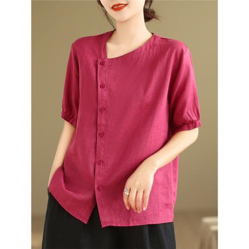 品牌~外貿剪標2024夏季復古斜襟扣上衣洋氣短袖襯衫休閑棉麻上衣