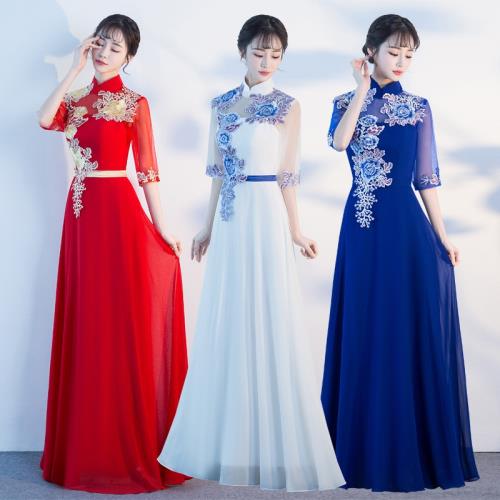 晚禮服2022晚會主持人長款繡花中袖長裙女士大合唱團年會禮服