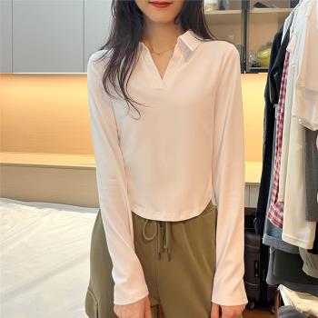 純欲風白色Polo領打底衫正肩長袖T恤女春季韓版新款氣質修身上衣