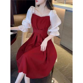 法式假兩件雪紡連衣裙女夏季紅色裙子質感高級感氣質半袖收腰長裙