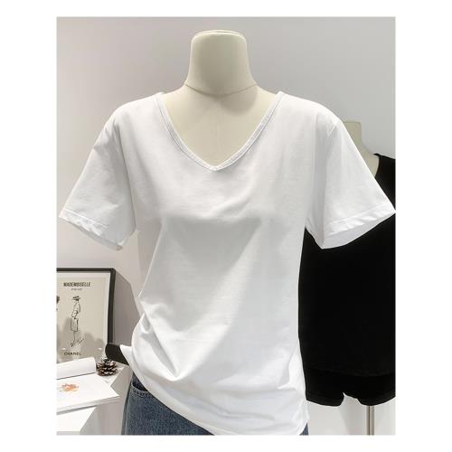 白色V領短袖女簡約基礎款打底上衣春夏大碼寬松純棉正肩T恤ins潮