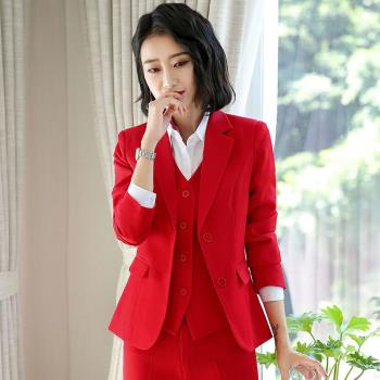 高端大碼紅色西服外套女職場前臺氣質工作服長袖西裝套裝女職業裝