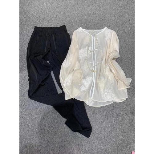 新中式民國小洋裝輕奢高端重工刺繡盤扣襯衫闊腿褲兩件套2024夏季