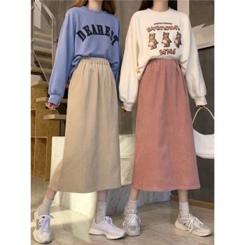 秋冬季高腰顯瘦燈芯絨裙子女2022年新款洋氣開叉中長款a字半身裙