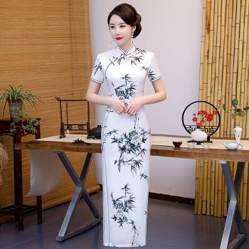 中國風水墨走秀演出服媽媽裝絲綢