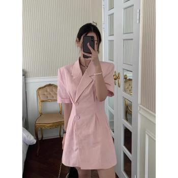 韓國chic減齡氣質不規則單排扣收腰顯瘦純色短袖西裝式連衣裙短裙