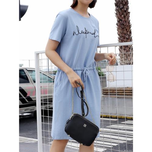 2025年連衣裙夏季新款遮肉中長裙抽繩寬松收腰圓領短袖連衣裙