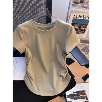 純棉短袖t恤女夏季款設計感小眾褶皺收腰上衣不規則弧形下擺體恤
