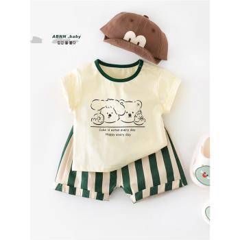 寶寶夏季套裝嬰幼兒韓版洋氣圓領t恤條紋棉質短褲夏裝外穿兩件套6