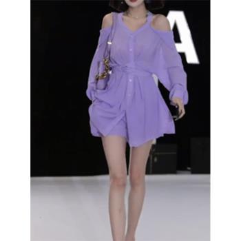 紫色v領掛脖襯衫長袖連衣裙女2023春裝新款露肩收腰性感a字短裙子