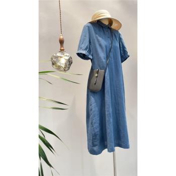 今年流行美式復古棉麻藍色連衣裙女夏季新款天絲亞麻寬松顯瘦裙子