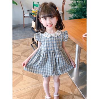 韓版夏季藍色格子套裝小女孩新款娃娃領上衣休閑短褲兩件套裝夏裝