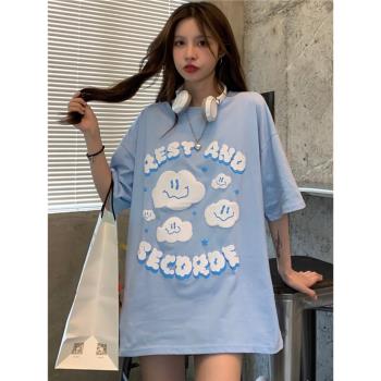 美式潮牌卡通100%重磅純棉短袖T恤女夏天寬松歐美街頭情侶上衣男