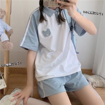 日系可愛學生校服寬松T恤短袖polo衫+運動短褲套裝夏季少女兩件套