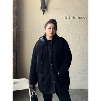 大碼羊羔毛外套女夾棉服保暖加絨加厚200斤胖mm寬松顯瘦連帽棉衣