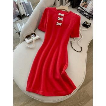 輕奢夏季新款小香風圓領短袖針織連衣裙收腰A字裙簡約純色小紅裙