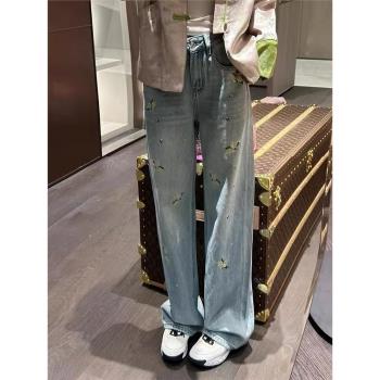重工燙鉆高腰闊腿牛仔褲女夏季刺繡花朵寬松百搭休閑直筒拖地長褲