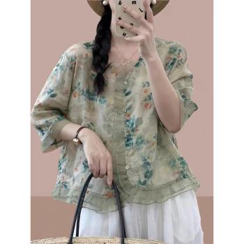 復古印花苧麻女士時尚寬松襯衫