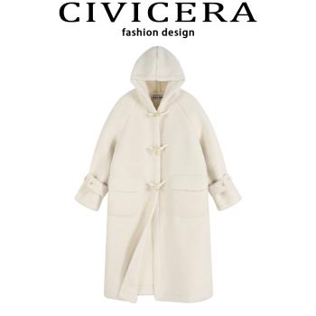 CIVICERA皮毛一體大衣女秋冬款顆粒絨中長款連帽羊羔毛外套小個子