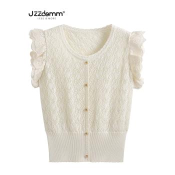 九州誠品/JZZDEMM法式鏤空紋路高級感花邊肩收腰修身氣質針織上衣