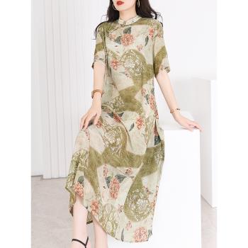 杭州大牌真絲連衣裙復古設計感印花新中式旗袍高級感氣質長裙寬松
