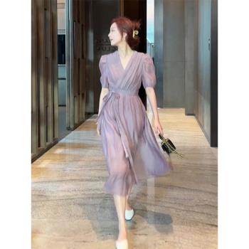 紫色雪紡連衣裙女夏季2023新款高端氣質名媛女神范高級感法式長裙