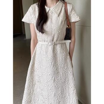 韓國chic夏季法式宮廷風娃娃領重工肌理感系帶收腰顯瘦短袖連衣裙