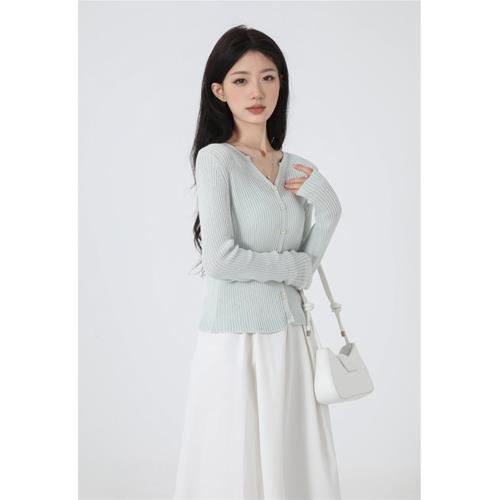 HUXUGE薄荷綠簡約基礎薄針織衫女2024年春秋季新款純色單排扣上衣