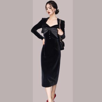 氣質名媛連衣裙2020春裝新款優雅V領時尚修身性感開衩黑色絲絨裙