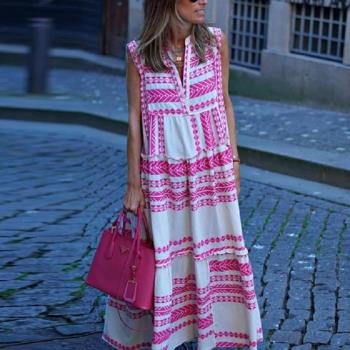 Ladies dress geometric print V-neck sleeveless long skirt