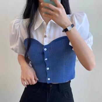 韓國chic夏季復古百搭翻領單排扣修身顯瘦拼接泡泡袖短款襯衫上衣