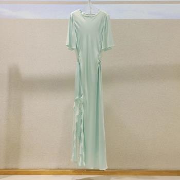 連衣裙2024女裝夏季桑蠶絲荷葉袖修身蕾絲拼接重磅真絲禮服長裙