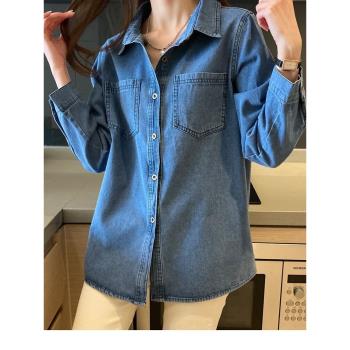 深藍復古正肩港風軟牛仔襯衫女新款春秋2023年春裝新款小個子上衣