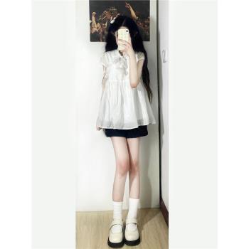 日系甜美新中式娃娃衫女白色可愛短袖襯衫夏季2024小眾設計感上衣