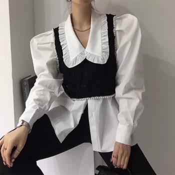 韓國chic春季氣質小香風短款珍珠馬甲+娃娃領長袖百搭襯衫兩件套