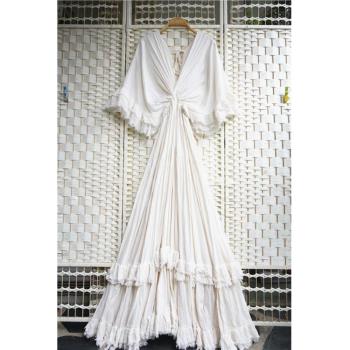 泰國生態棉連衣裙 波西米亞仙女風落肩袖毛邊性感深V米白長裙