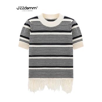九州誠品/JZZDEMM夏季薄款針織短袖女杏黑條紋流蘇設計感時尚上衣