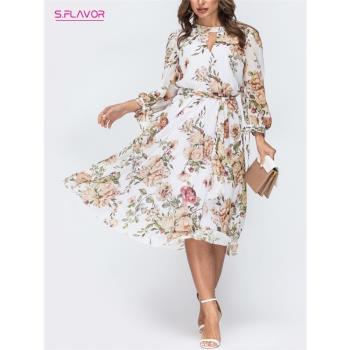 women dress boho floral print sleeve chiffon beach vestido