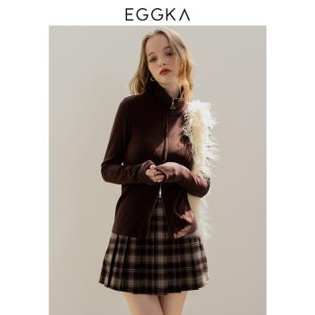 EGGKA 2023秋冬新款簡約休閑雙拉鏈開衫外套修身顯瘦緊身針織打底