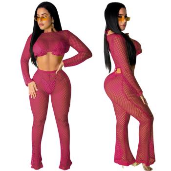 Womens see-through solid color mesh hole sports pants set