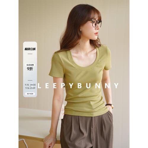 瞌睡兔 正肩綠色短袖T恤女夏季休閑簡約修身輕薄透氣U領半袖上衣